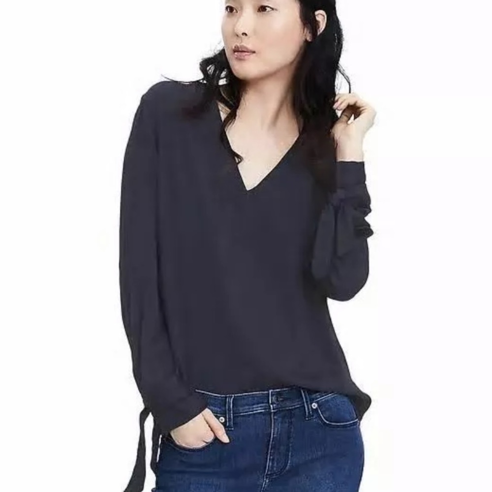 Banana Republic Navy Bow Cuff Silky Blouse